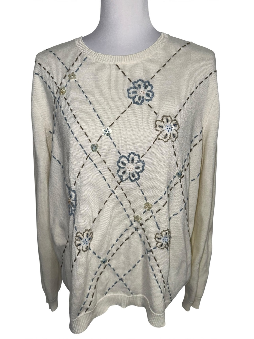 Alfred Dunner Embroidered Floral Sweater XL Ivory Beaded Lightweight Knit